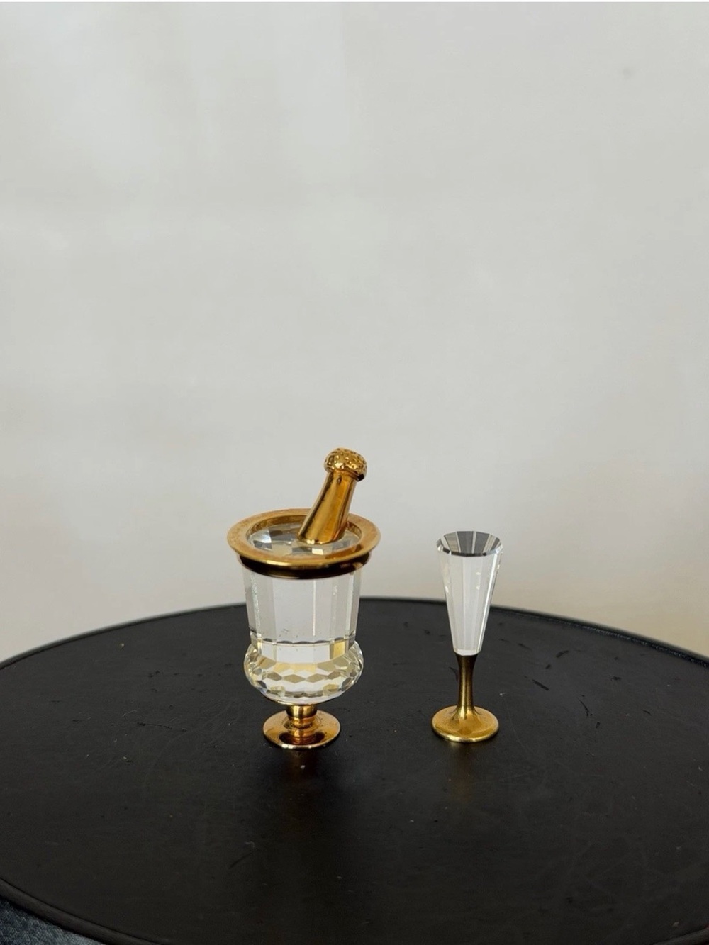 Vintage Mini Champagne Bottle in Ice Bucket w/Wine Flute Glass Swarovski Crystal